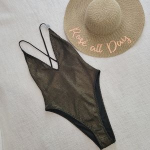 Forever 21 Black/Gold Metallic One Piece Swimsuit Size L